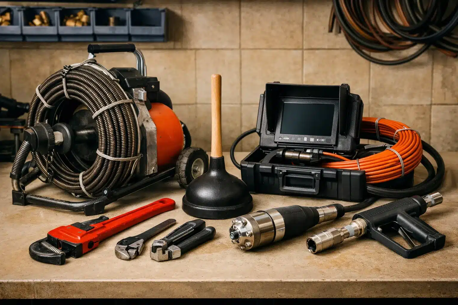 ציוד מקצועי לפתיחת סתימות - פקק ביוב, מברשת ומצלמה