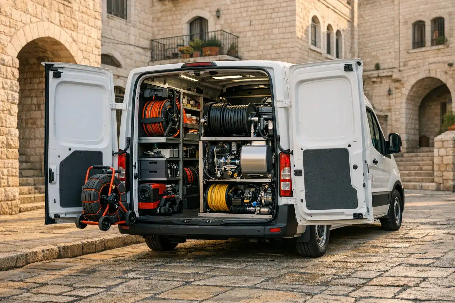 רכב שירות אינסטלטוב עם ציוד מקצועי לפתיחת סתימות בירושלים