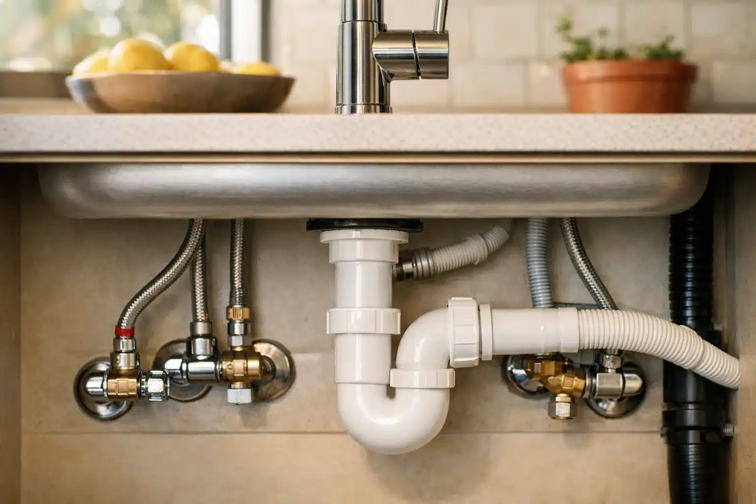 ברז מטבח מודרני עם חיבורי צנרת