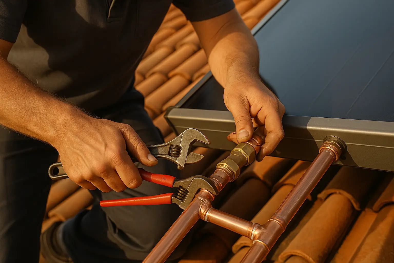 אינסטלטור מתקין צנרת דוד שמש על הגג