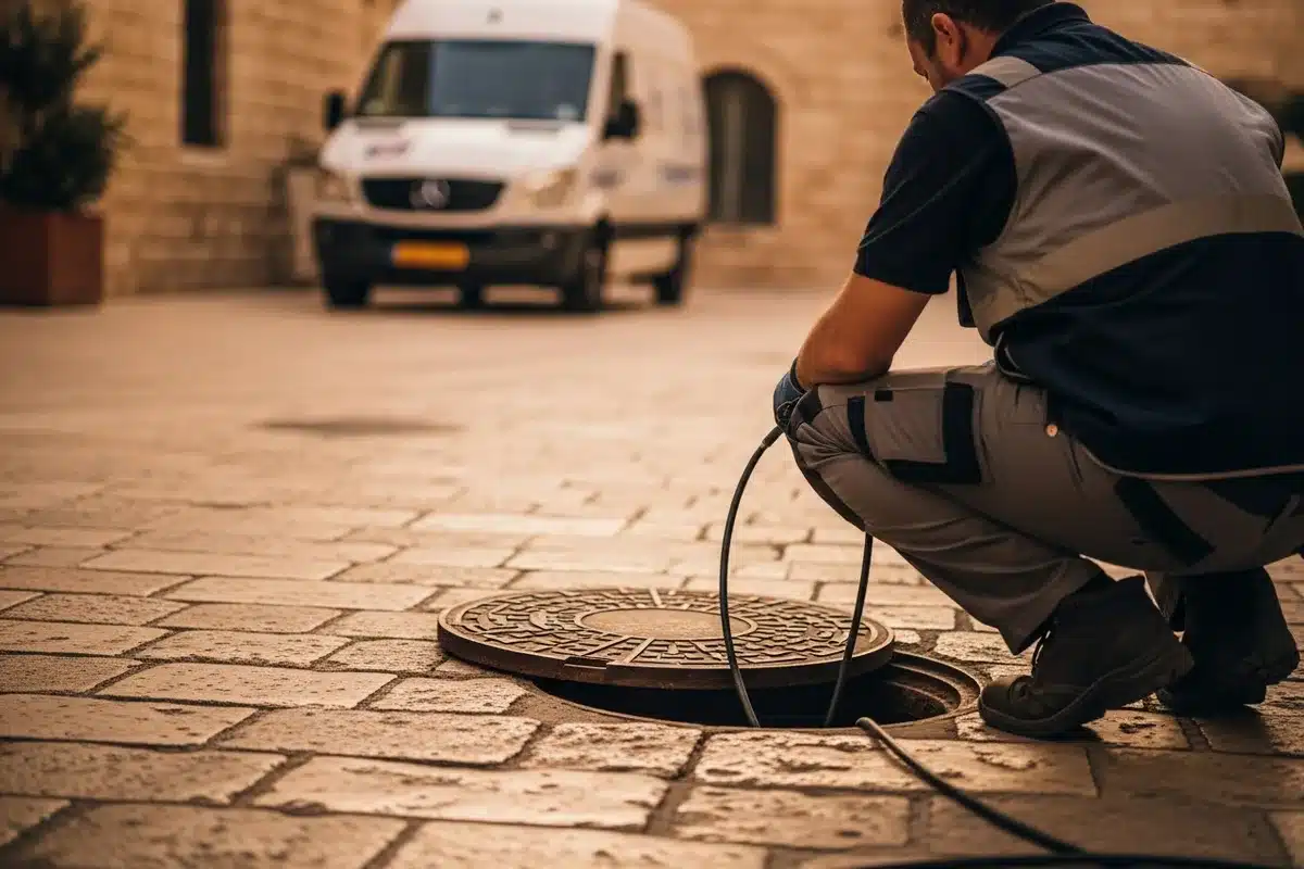 אינסטלטור מציג ממצאי צילום צנרת ביוב ללקוח בירושלים