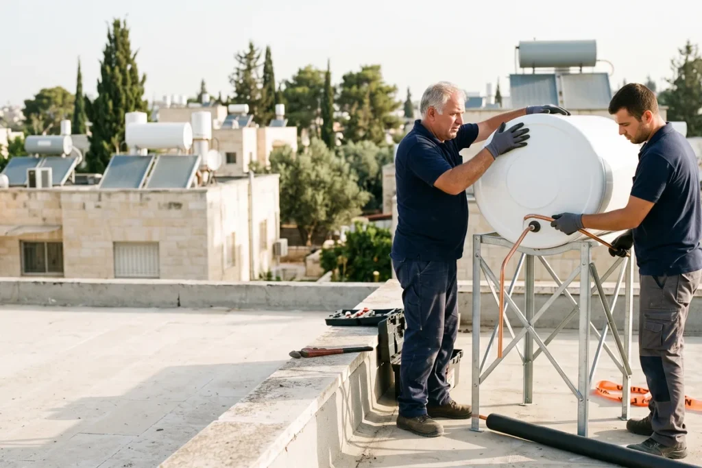 אינסטלטורים מרימים דוד שמש חדש על גג בירושלים במהלך החלפת דוד שמש
