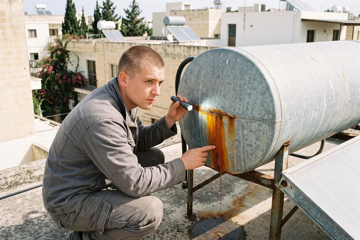 החלפת דוד שמש בירושלים חלודה ונזילה בדוד שמש ישן על גג בירושלים, סימן שצריך החלפת דוד שמש