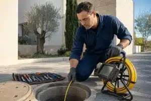 בדיקות תקניות למערכות ביוב בירושלים, אינסטלטור מכניס מצלמת דחיפה לשוחת ביקורת